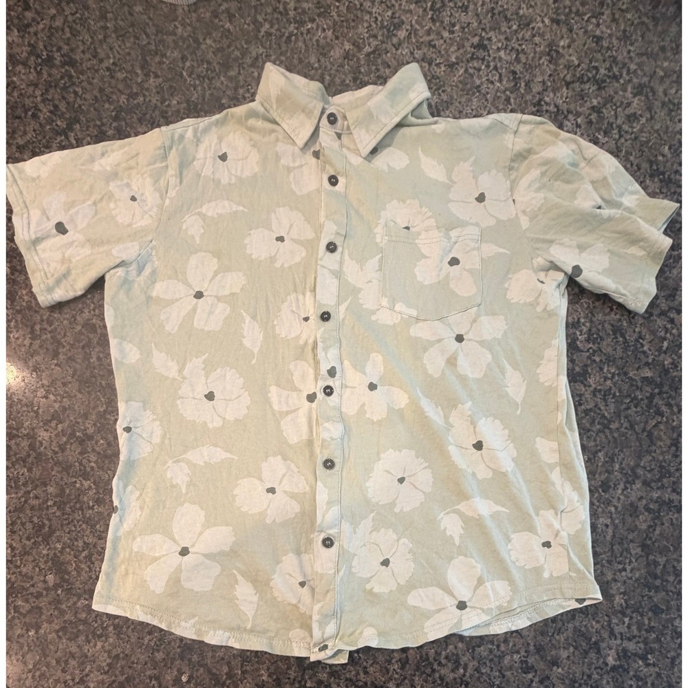 Eighth Avenue Mens Medium Sage Green Floral Hibiscus Short Sleeve Button Up